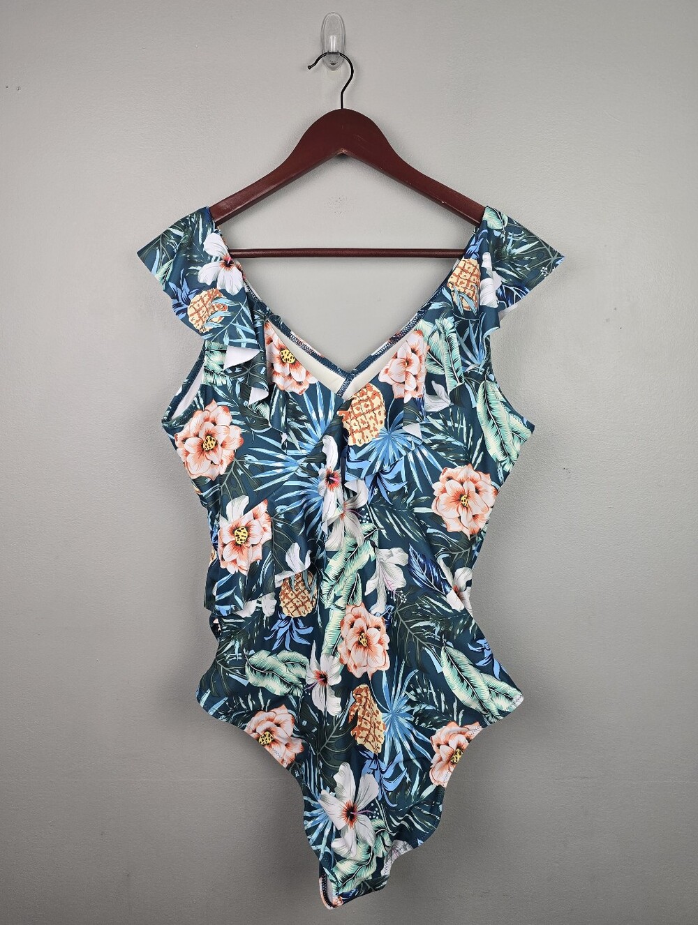 Blooming Jelly Tropical Print One-Piece Swimsuit‎ Ruffle Neckline Women Size XL - Picture 4 of 13